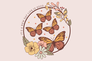 Retro Butterfly & Flowers Sublimatio