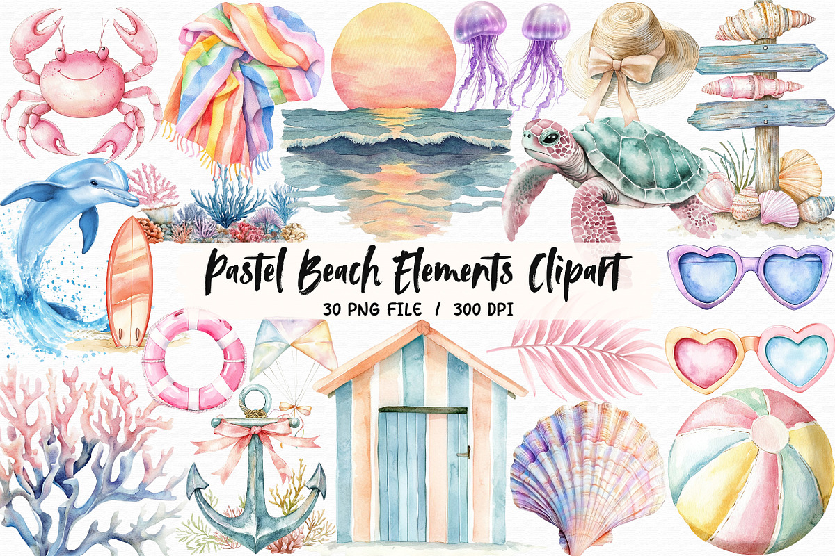 Pastel Beach Elements Clipart, an Illustration by Libby Wishes (Photo 1 of 7)