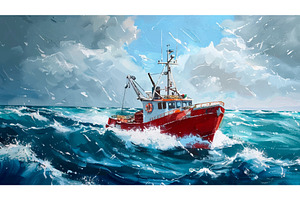 Fishing Boat on the High Seas Oil on, a Transportation Illustration by LadadikArt