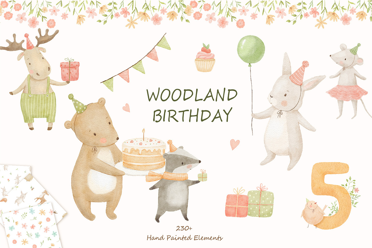 Woodland Birthday Watercolor Animals, an Animal Illustration by ElenaPlatovaArt (Photo 1 of 22)