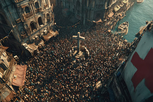Massive crowd gathered around central stone cross in old coastal, a Person Photo by José Manuel Gelpi