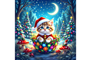 Christmas Kitten in a Whimsical Neon, an Animal Illustration by Sharon Schwalbe (Thumbnail 2 of 2)