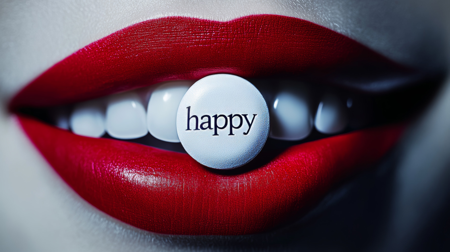 Smiling Lips Holding a Pill with Happy Text, an Abstract Photo by ...