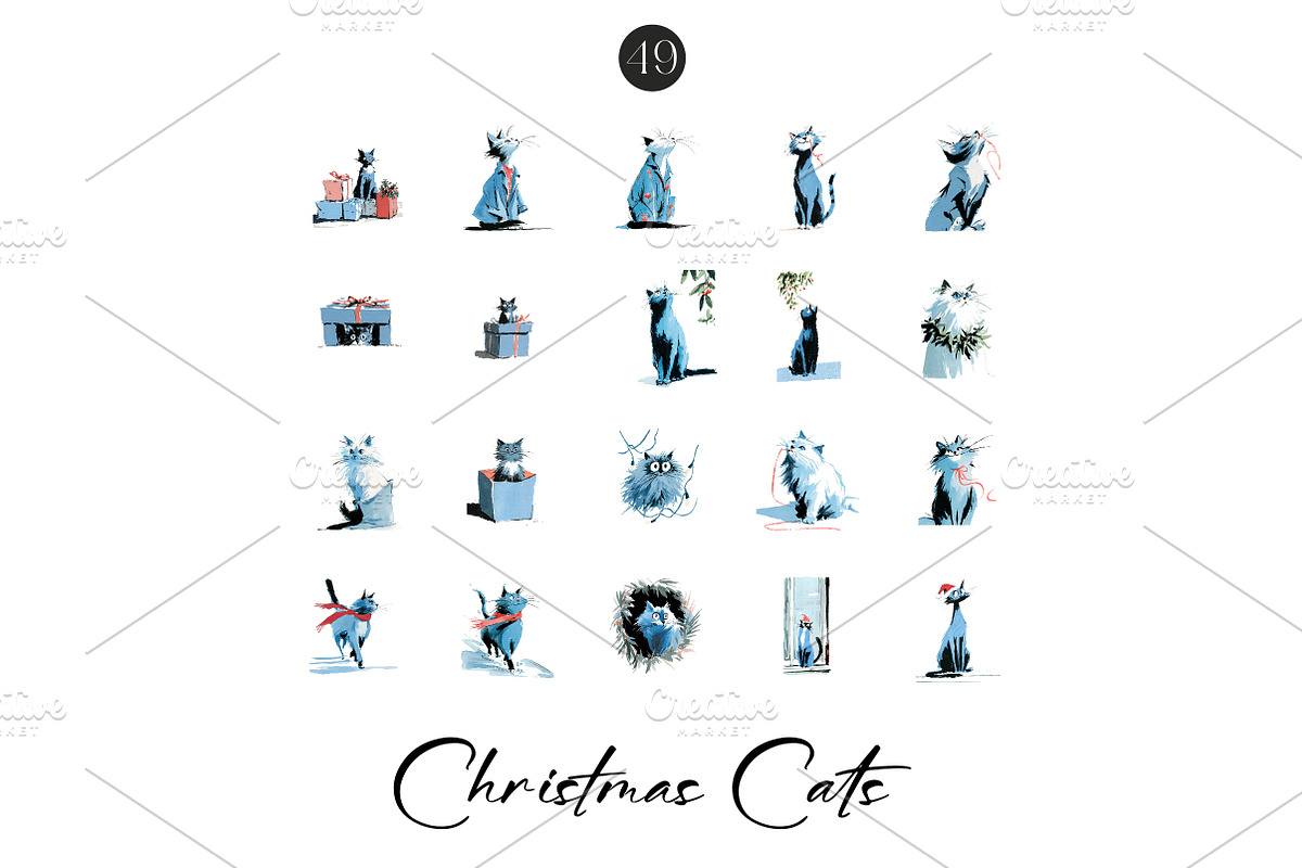 Christmas Cats Holiday Cats Set, an Illustration by CreationArt (Photo 6 of 7)