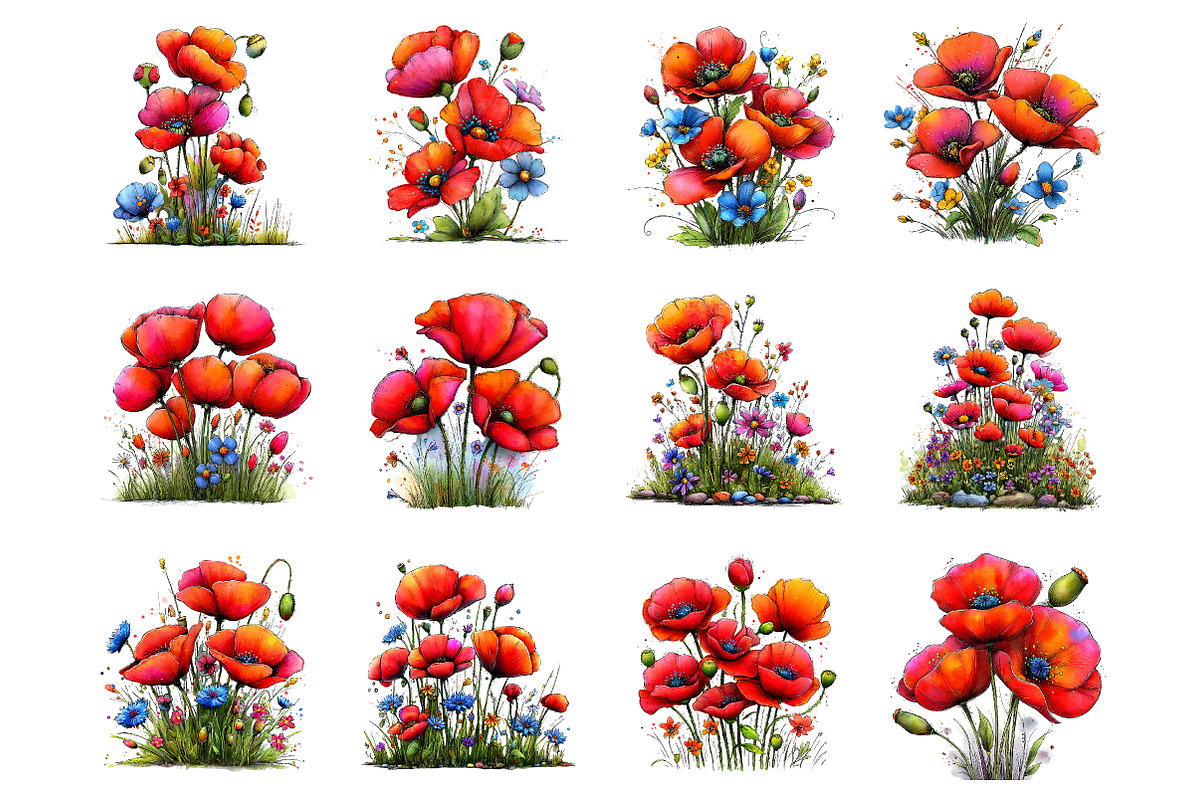 Spring meadow poppies clipart, an Illustration by SinaCreation (Photo 2 of 11)