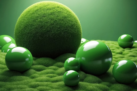 Green grass balls on green background, earth day concept. Genera, an Abstract Photo by Ales Munt