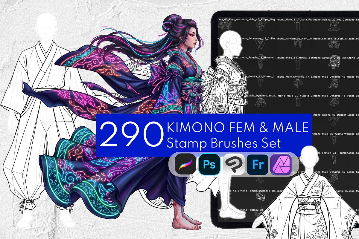 Kimono Stamps for Procreate & CSP, a Brush Add-On by Selentaori Studio (Photo 1 of 12)