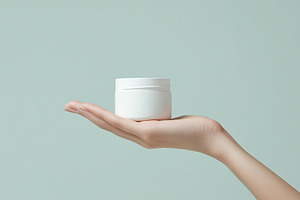 Female model hand holding cosmetic jar on grey background, a Health & Medical Photo by AlyaAnd