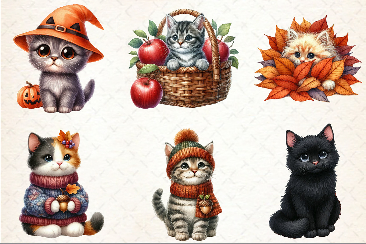 Watercolor Autumn Cat Clipart, an Illustration by Rose Art (Photo 3 of 9)