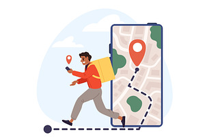 Courier with backpack and map on, a Technology Illustration by Vectorbuum