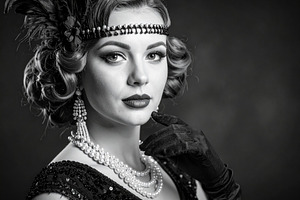beautiful young 20s flapper woman in bw AI generated, a Photo by WorldOfPhotos