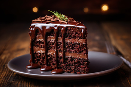 Piece of chocolate cake on plate on brown wooden table, a Photo by AlyaAnd