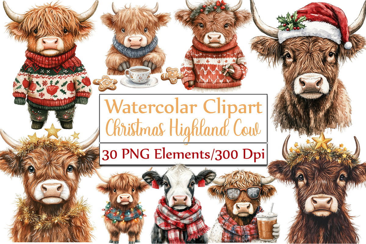 Cute Christmas Highland Cow Clipart, an Illustration by DreamCafeArt (Photo 1 of 5)