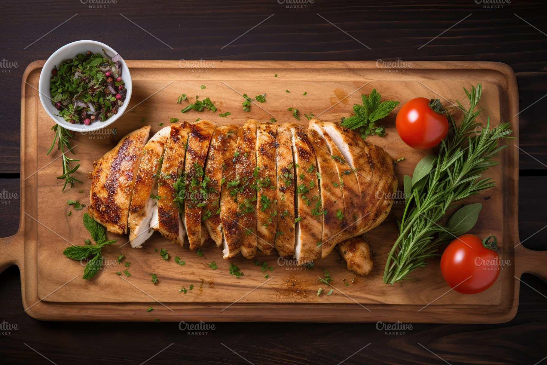 Chicken marinated fillet meat on wooden board, a Food & Drink Photo by AlyaAnd