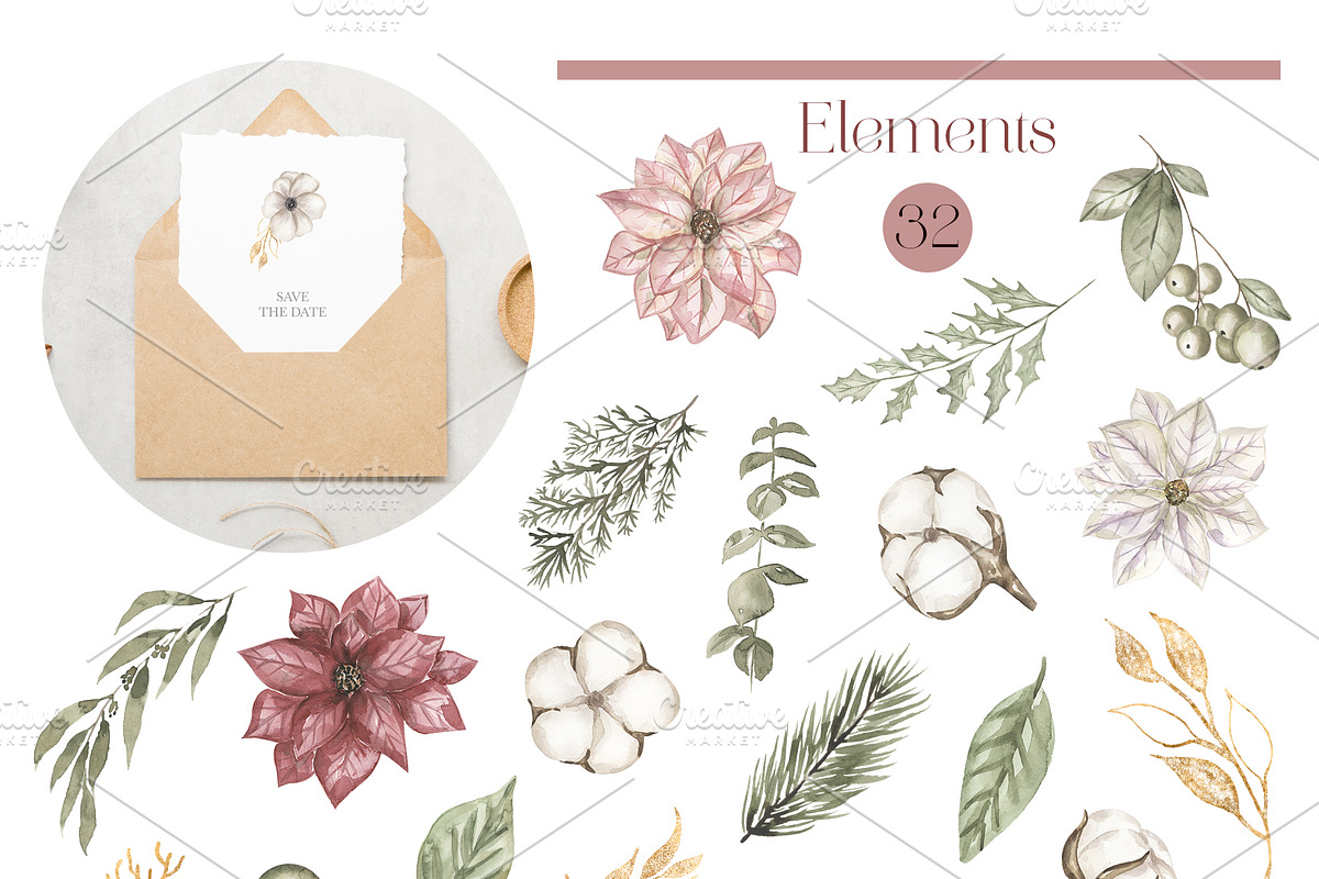 Watercolor Winter Florals Collection, a Decorative Illustration by MayaNavits (Photo 4 of 10)