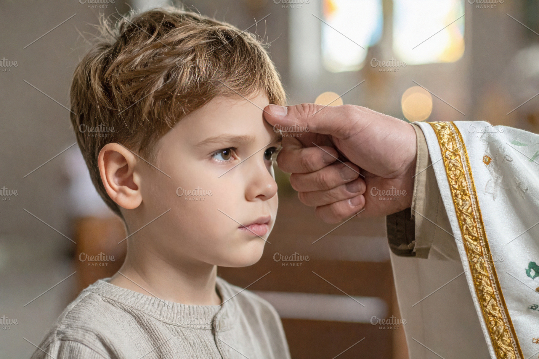 Priest Blessing Young Boy in Church, a Person Photo by Davizro's Market
