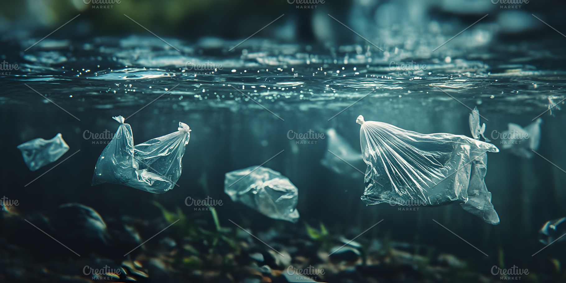 Plastic pollution underwater in fres, an Industrial Photo by Photostock