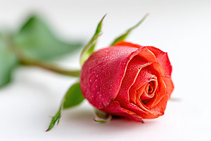 Vibrant red rosebud with dewdrops resting on a white surface during morning lig, a Nature Photo by AlyaAnd