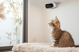 Kitten sitting on carpet near window, a Photo by Dvoevnore photos