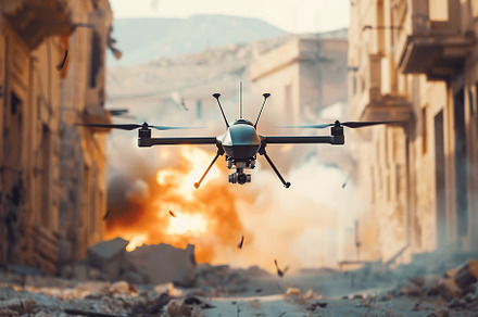 Military drone flying over a ground where fighting is taking pla, a Technology Photo by AlyaAnd
