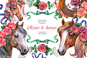 Roses and Horses Watercolor Cliparts, an Animal Illustration by NataliMiasStore (Thumbnail 1 of 8)