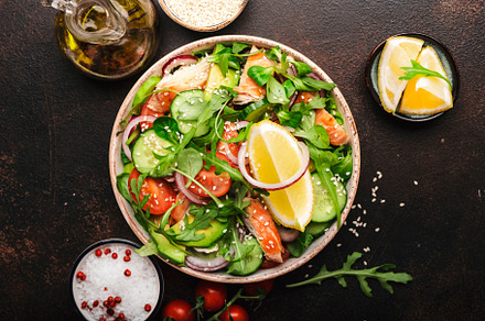 Fresh Salad with chicken, tomatoes, arugula, onion, avocado, ses, a Food & Drink Photo by 5PH