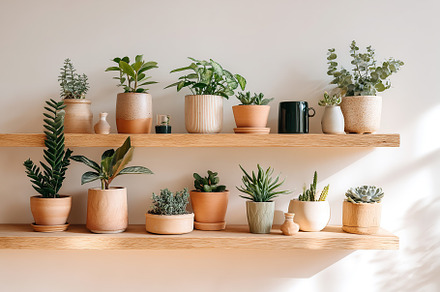 Indoor plant shelf showcasing a variety of greenery in stylish ceramic pots and, a Nature Photo by AlyaAnd
