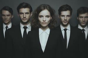 Professional team members in formal attire standing confidently together, a Person Photo by AS photostudio