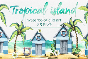 Tropical Island Watercolor Clip Art