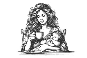 Tired mother drinking coffee while, a Person Illustration by AlexArt