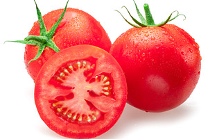Freshly washed red tomatoes covered with water drops on white ba, a Food & Drink Photo by Volff