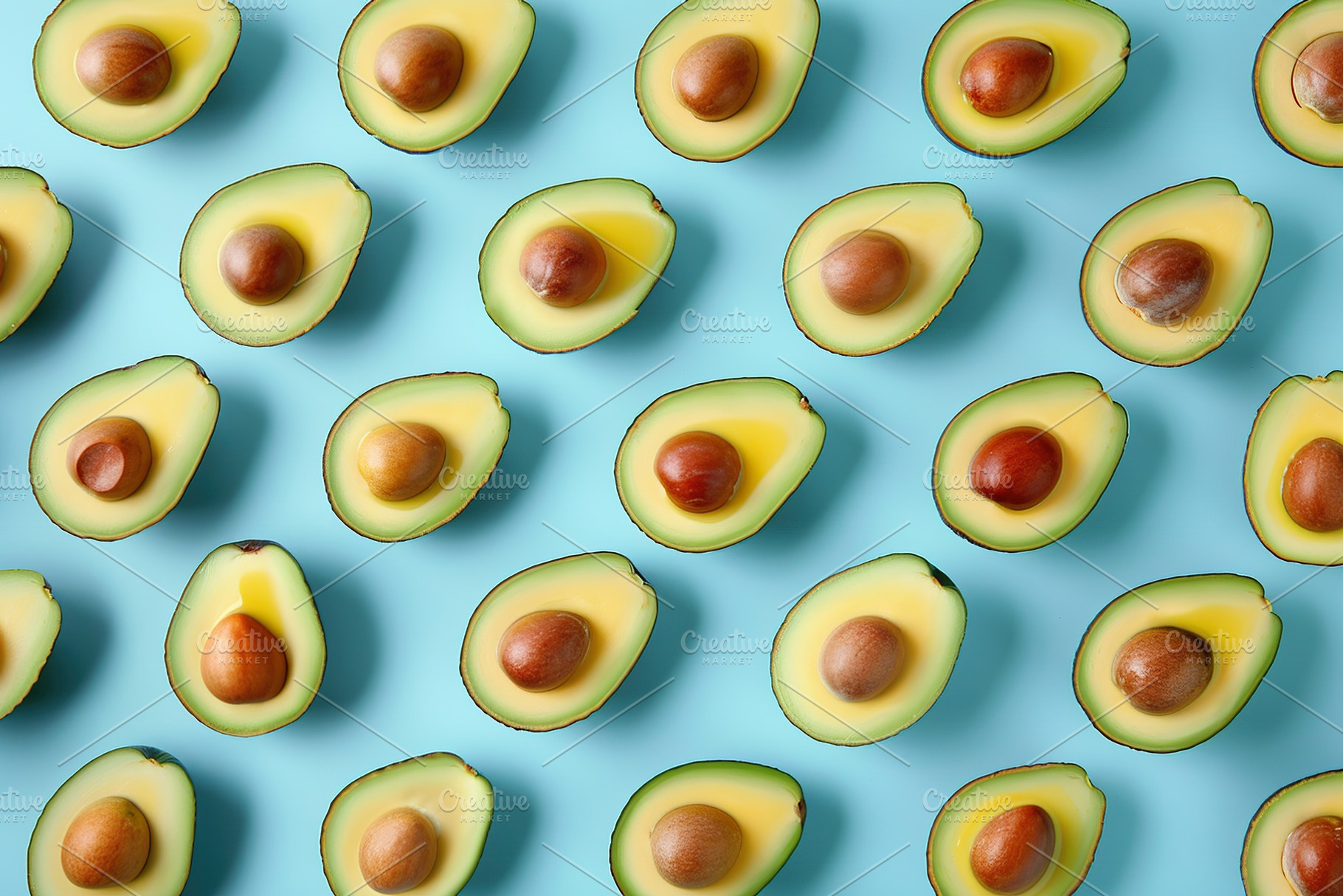 Pattern of fresh avocado pieces on blue background, a Food & Drink Photo by AlyaAnd