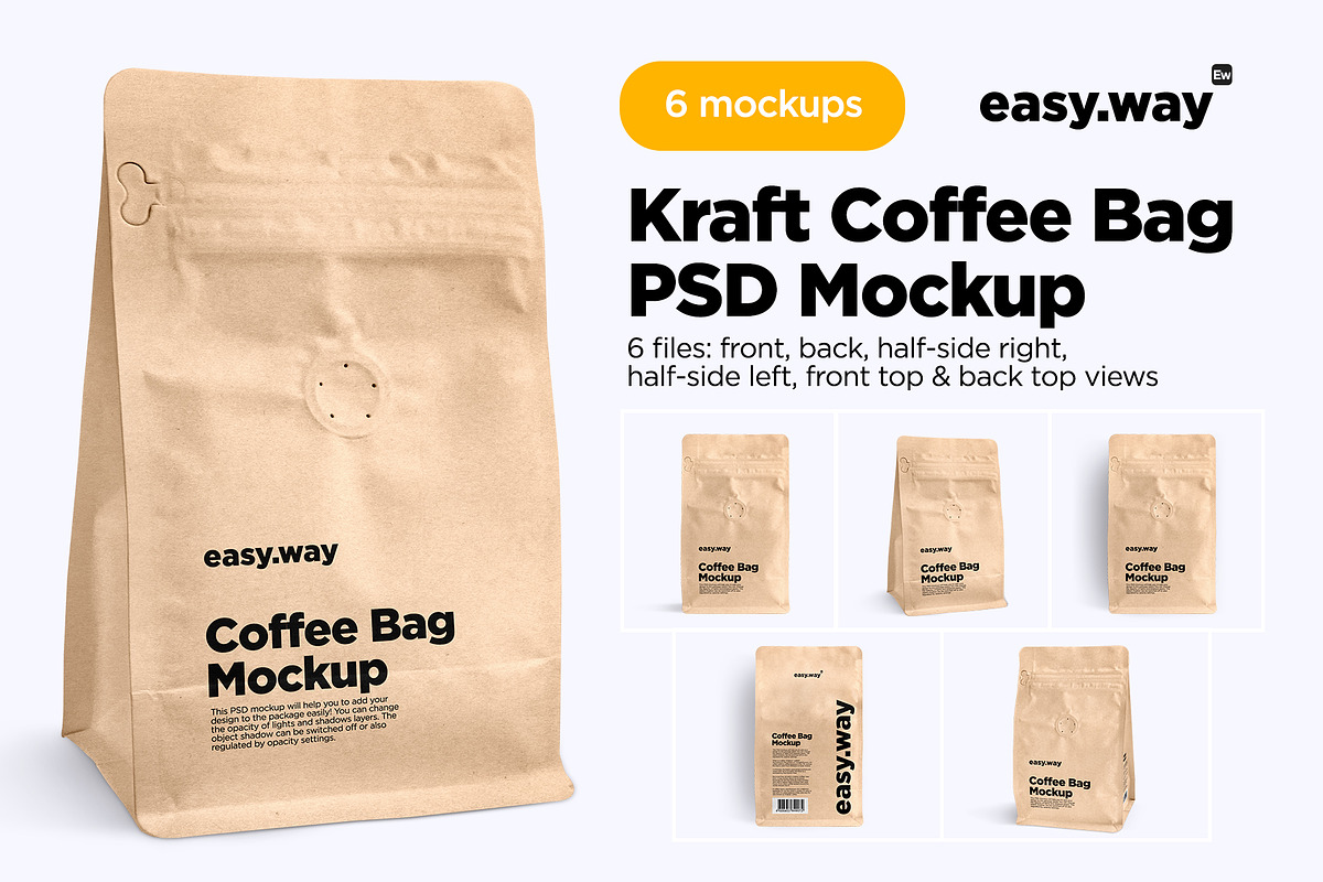 Kraft Coffee Bag PSD Mockups Set, a Packaging Mockup by easy.way (Photo 1 of 8)