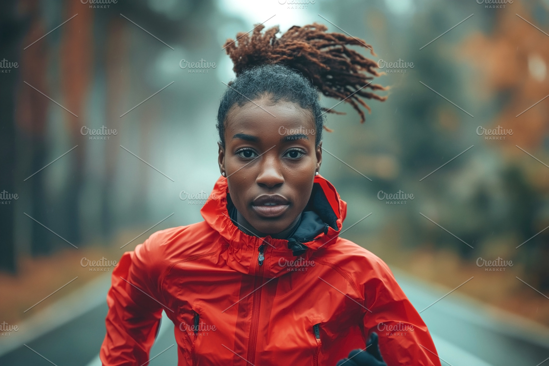 A young Black woman with textured hair jogs energetically on a m, a Sports & Recreation Photo by ImageMir