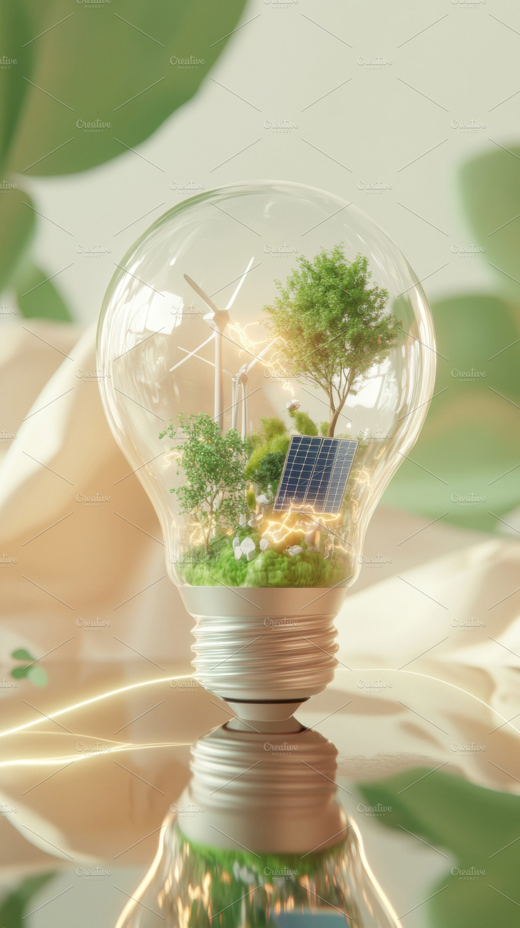 Eco concept for earth day with lightbulb, wind turbines and sola, a Photo by Dvoevnore photos