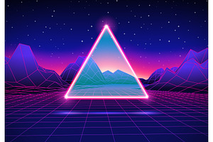 Retro futuristic landscape with triangle and shiny grid