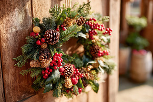 Christmas wreath hanging on wooden door, a Holiday Photo by AlyaAnd