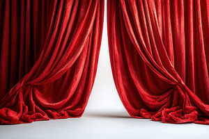 Elegant red velvet curtains creating, a Photo by Tanuart