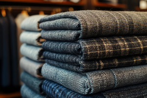 A stylish stack of folded denim and plaid fabrics in various shades of blue, sh, a Background Photo by ImageMir