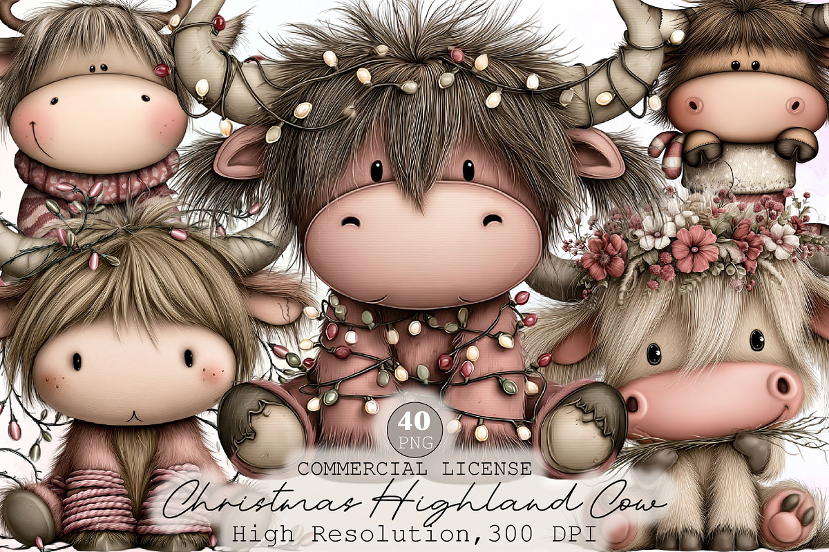 Funny Christmas Highland Cow Clipart, an Illustration by Sublimation Artist (Photo 1 of 6)