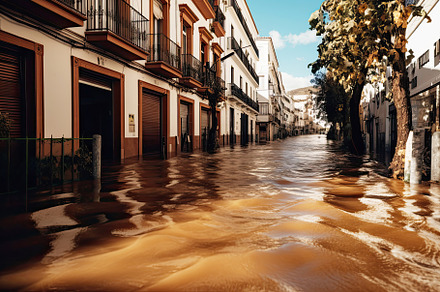 Flooding in an european village, with washed out street