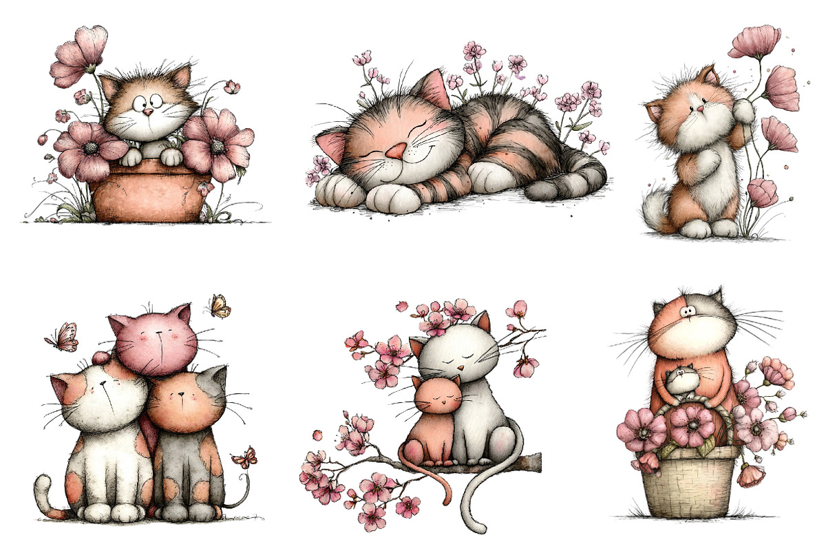 Whimsical Spring Cats Clipart Bundle, an Illustration by Dream Creation