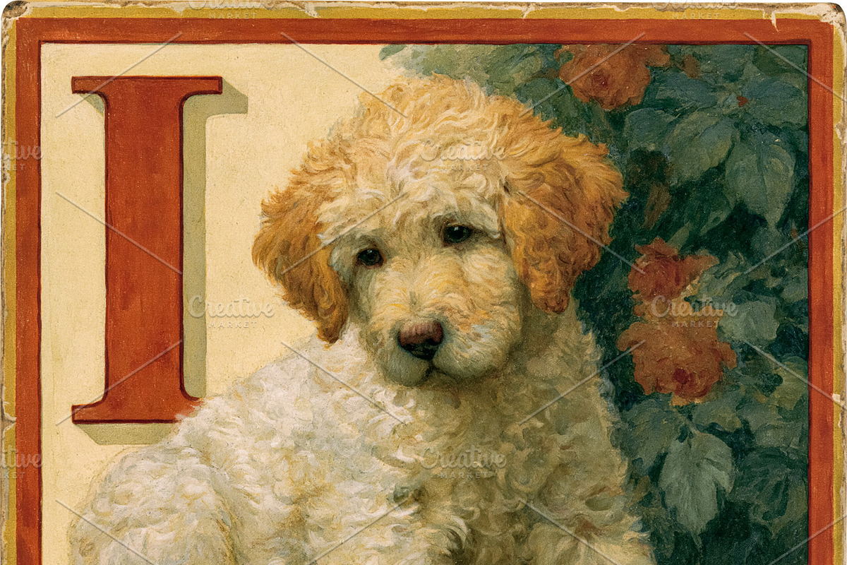 Young poodle puppy sitting on an antique rug, featuring elegant, an Illustration by Studio ANNA