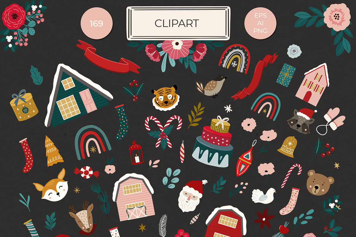 Floral Christmas clipart & pattern, an Animal Illustration by Cozy pattern shop (Photo 6 of 14)