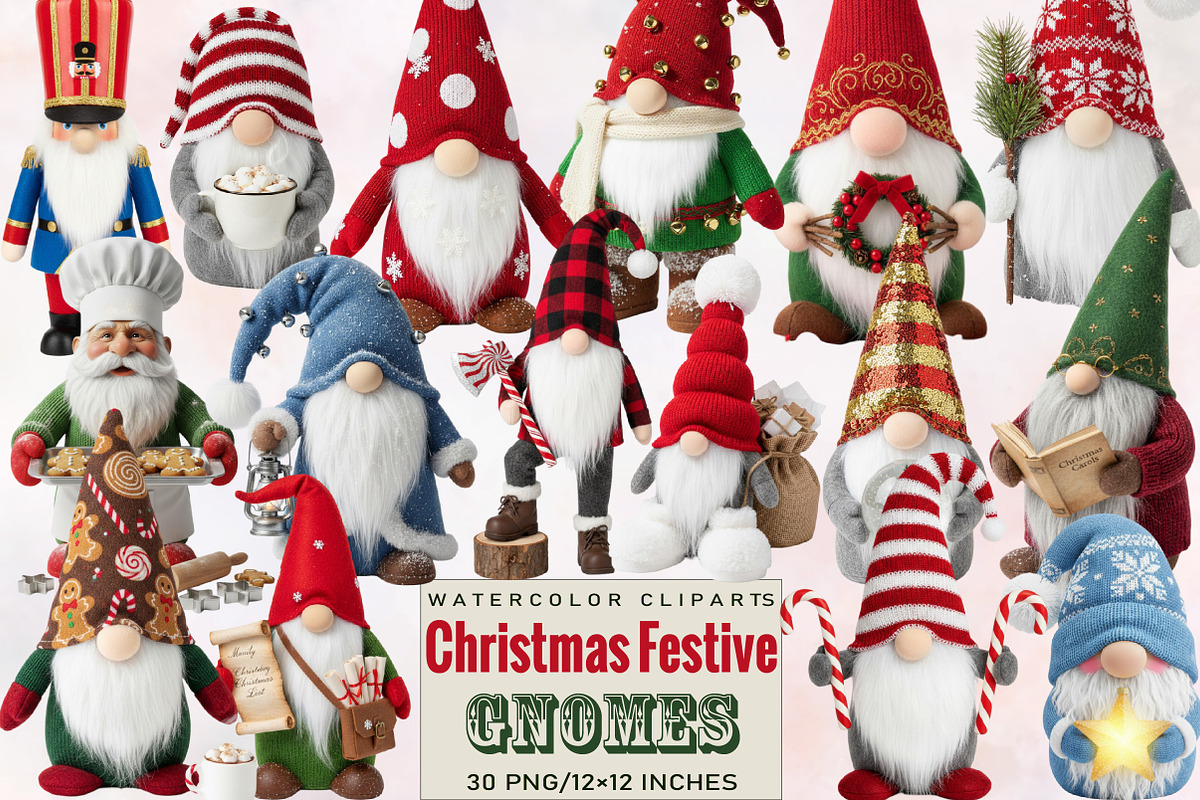 Christmas Festive Gnomes Clipart Bun, an Illustration by SVGArt (Photo 1 of 8)