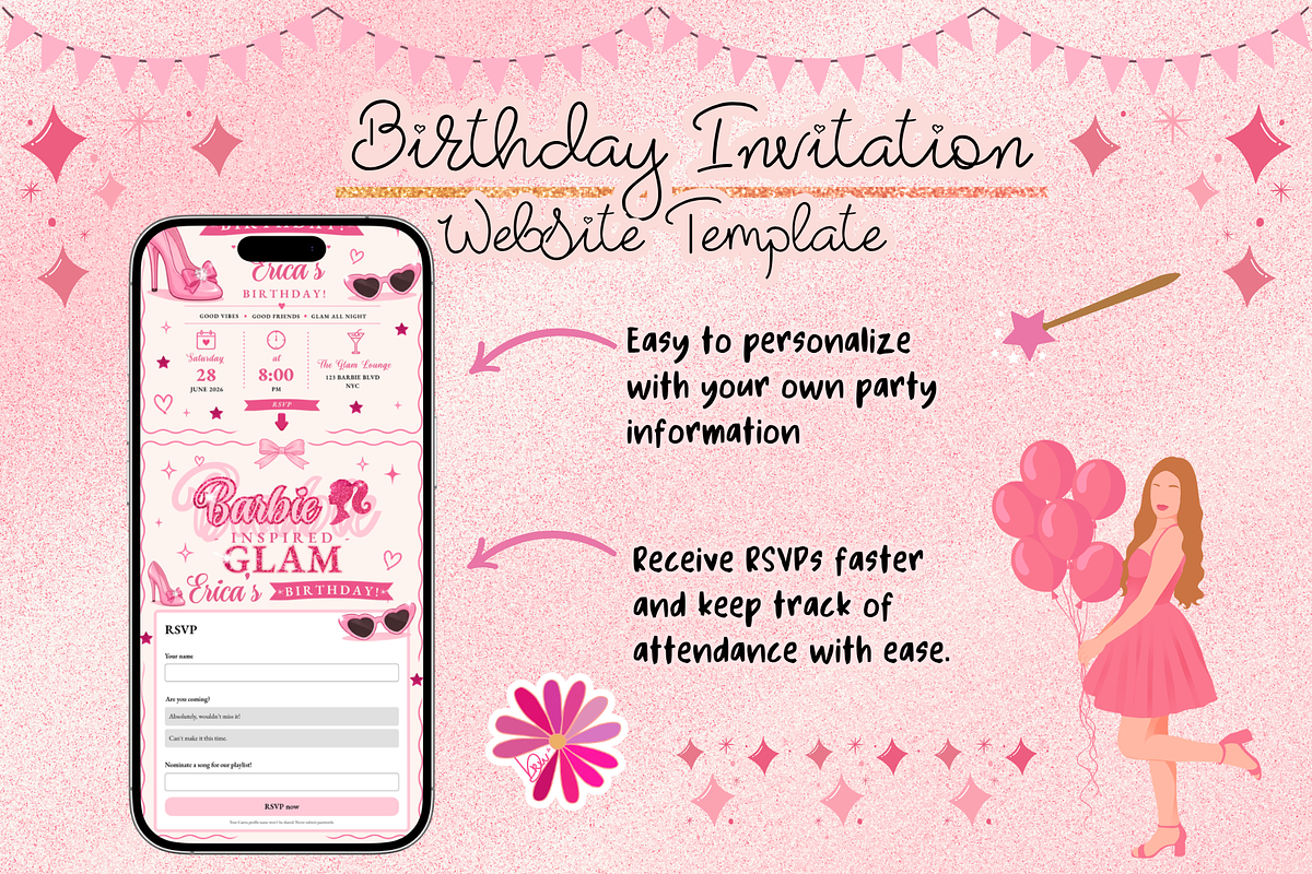 Glam Barbie Inspired Birthday RSVP, a Social Media Template by bellaROSEworkshop (Photo 2 of 5)