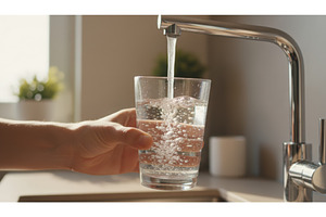 A hand fills a glass with clear, a Food & Drink Photo by Igor Tichonow