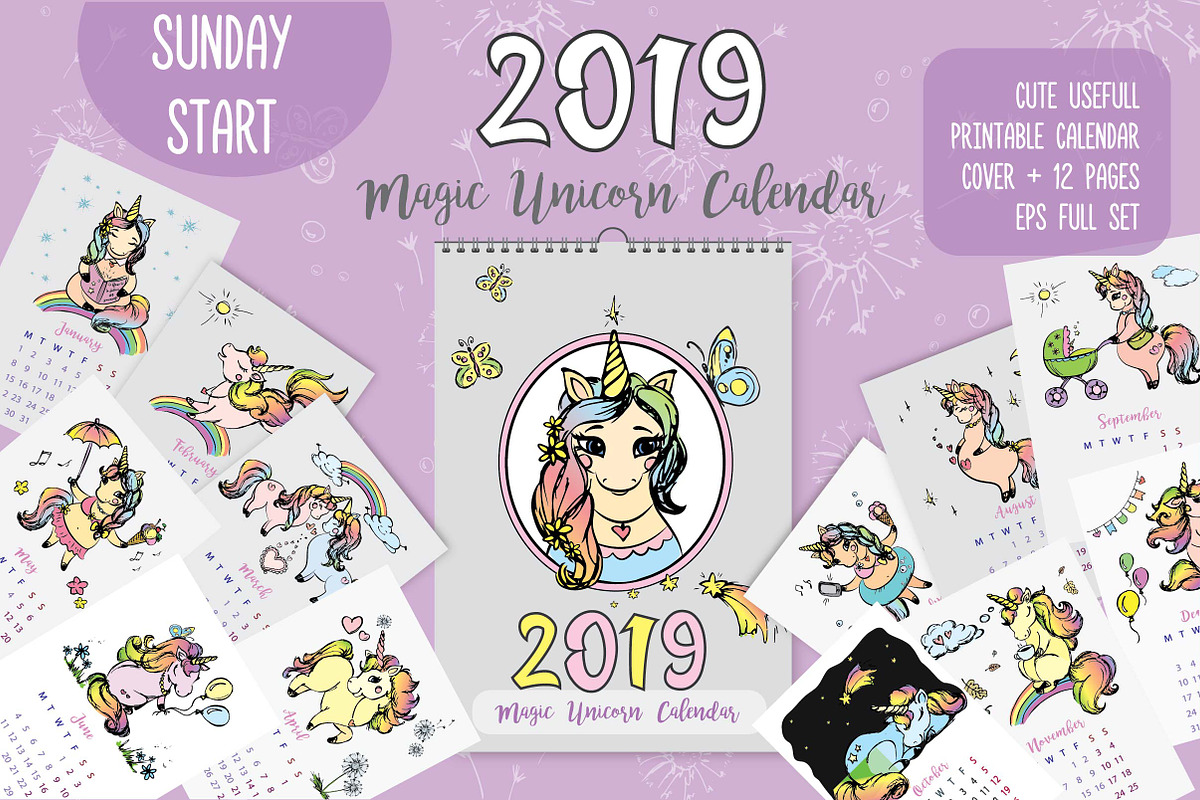 Cute Unicorns- calendar 2019, an Animal Illustration by naum_studio (Photo 1 of 3)