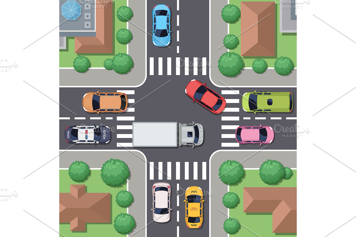 Traffic intersection with cars, a Transportation Illustration by Yayasya