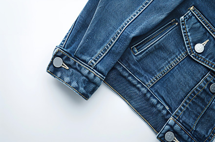 Blue denim jacket on white background, a Beauty & Fashion Photo by AlyaAnd